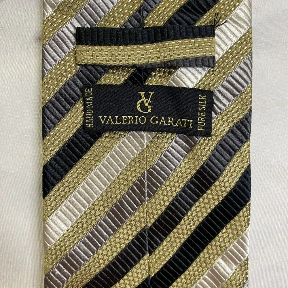 #7362 Valerio Garatu gold black cream striped silk necktie tie  4X60 IN